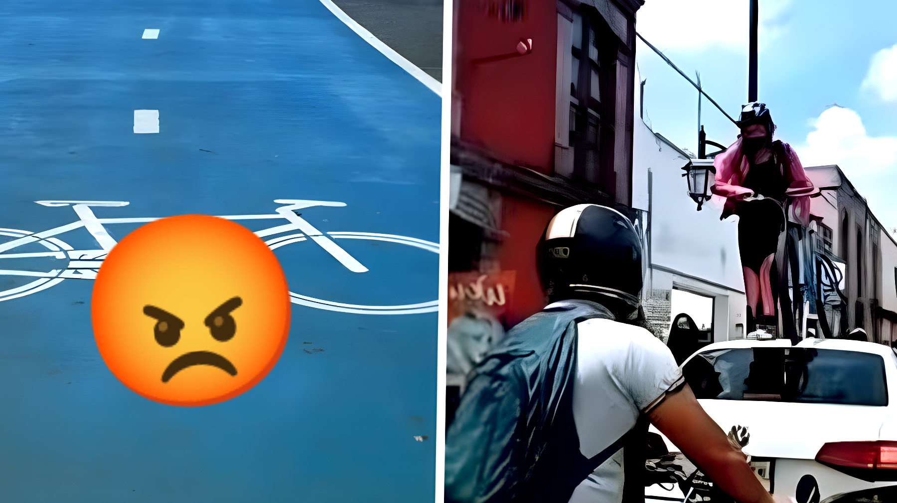 Incredibile protesta di una ciclista: passa sopra un'auto sulla pista ciclabile!